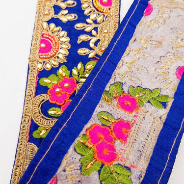 Royal Blue Art Silk Fabric Trim With Green, Orange, Pink And Gold Floral Embroidery